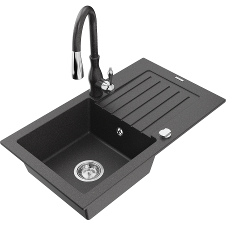 Mexen Pablo granite kitchen sink 1-bowl with drainer and Savita kitchen faucet, black speckled - 6510-76-672601-76