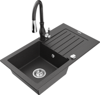 Mexen Pablo granite kitchen sink 1-bowl with drainer and Savita kitchen faucet, black speckled - 6510-76-672601-76