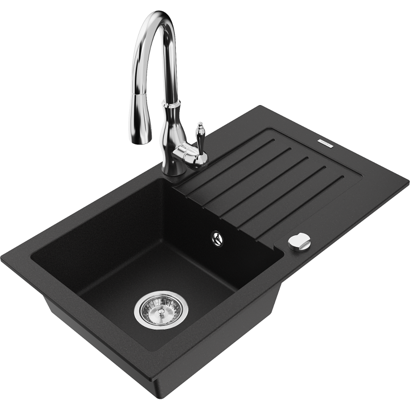 Mexen Pablo 1-compartment granite sink with a drip tray and kitchen mixer tap Savita, Black - 6510-77-672601-00