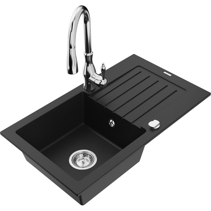 Mexen Pablo granite kitchen sink 1-bowl with drainer and Savita kitchen faucet, black - 6510-77-672601-00