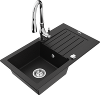 Mexen Pablo 1-Bowl Granite Sink with Drainer and Savita Kitchen Faucet, Black - 6510-77-672601-00