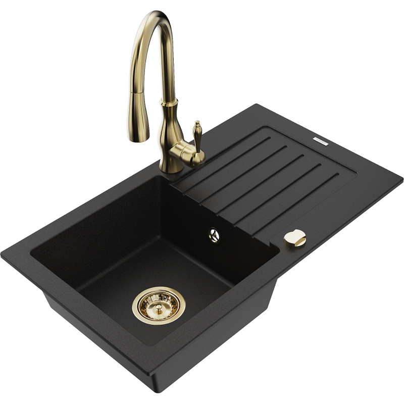 Mexen Pablo granite sink 1-bowl with drainer and Savita kitchen faucet, black - 6510-77-672601-50
