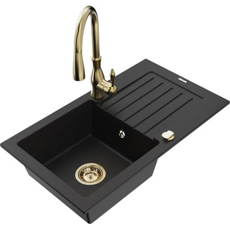 Mexen Pablo granite sink 1-bowl with drainer and Savita kitchen faucet, black - 6510-77-672601-50