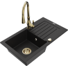 Mexen Pablo granite kitchen sink 1-bowl with drainer and Savita kitchen faucet, black - 6510-77-672601-50