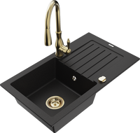 Mexen Pablo granite kitchen sink 1-bowl with drainer and Savita kitchen faucet, black - 6510-77-672601-50