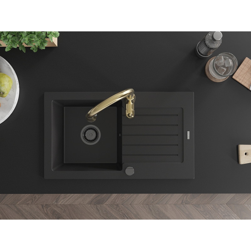 Mexen Pablo 1-bowl granite sink with drainer and Savita kitchen faucet, black - 6510-77-672601-50-B