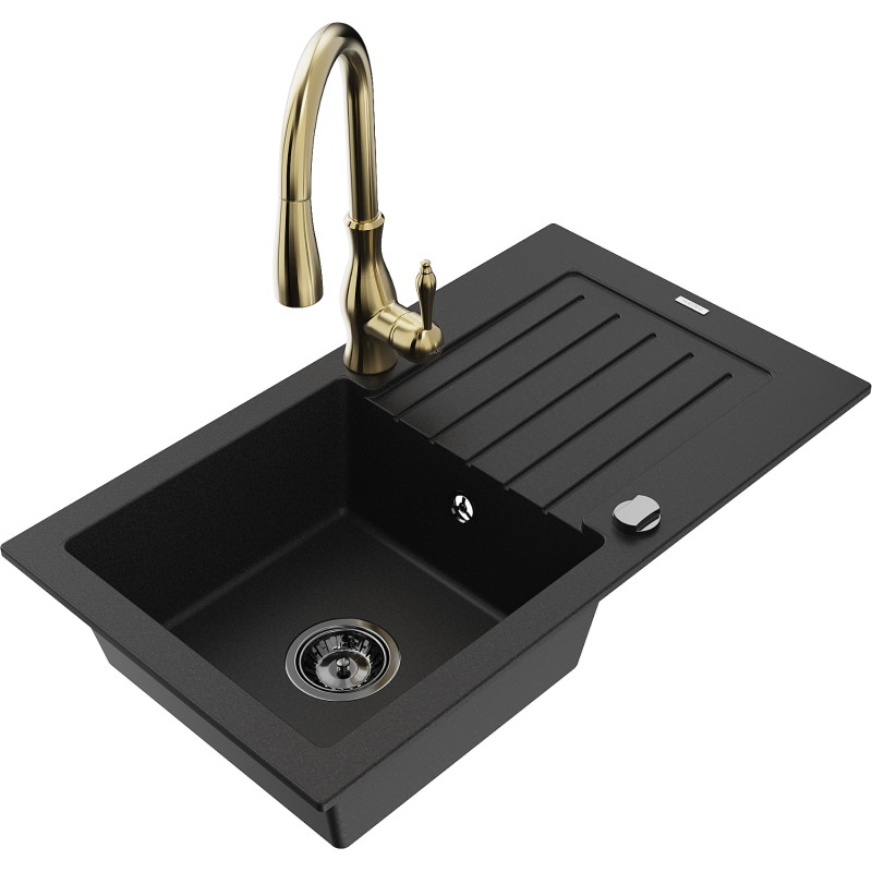 Mexen Pablo 1-bowl granite sink with drainer and Savita kitchen faucet, black - 6510-77-672601-50-B