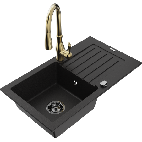 Mexen Pablo 1-bowl granite sink with drainer and Savita kitchen faucet, black - 6510-77-672601-50-B