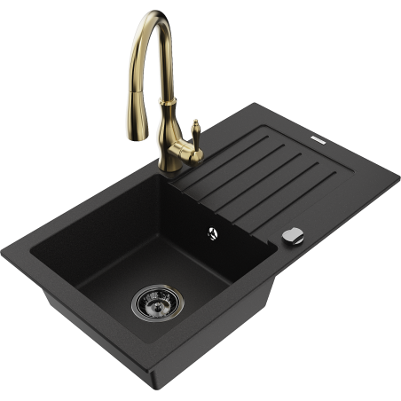 Mexen Pablo 1-compartment granite sink with a drip tray and kitchen mixer tap Savita, Black - 6510-77-672601-50-B