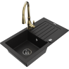 Mexen Pablo 1-bowl granite sink with drainer and Savita kitchen faucet, black - 6510-77-672601-50-B