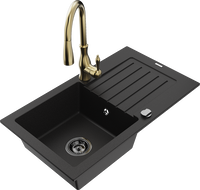 Mexen Pablo granite sink 1-bowl with drainer and Savita kitchen tap, black - 6510-77-672601-50-B