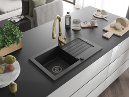 Mexen Pablo granit sink 1-bowl with drainer and Savita kitchen faucet, black - 6510-77-672601-50-B