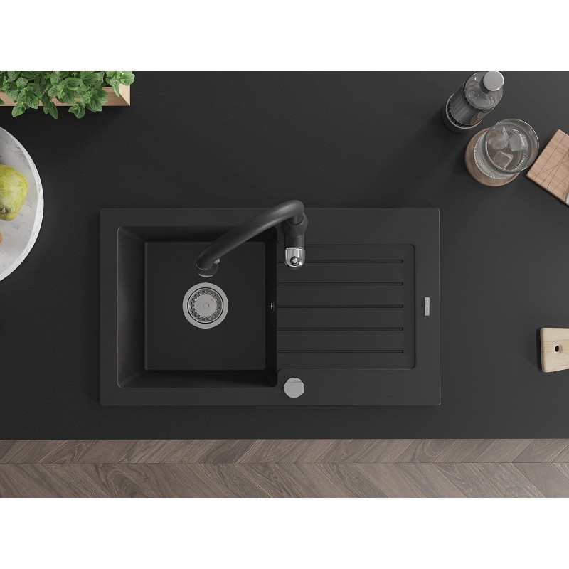 Mexen Pablo granite sink 1-bowl with drainer and Savita kitchen faucet, black - 6510-77-672601-70