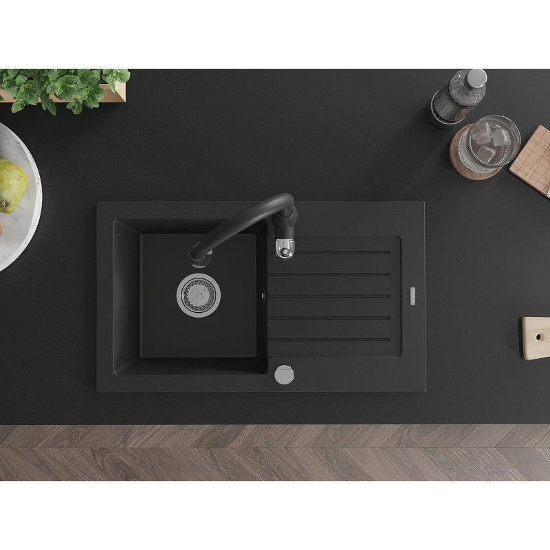 Mexen Pablo granite sink 1-bowl with drainer and Savita kitchen tap, black - 6510-77-672601-70