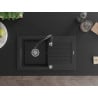 Mexen Pablo granite sink 1-bowl with drainer and Savita kitchen tap, black - 6510-77-672601-70