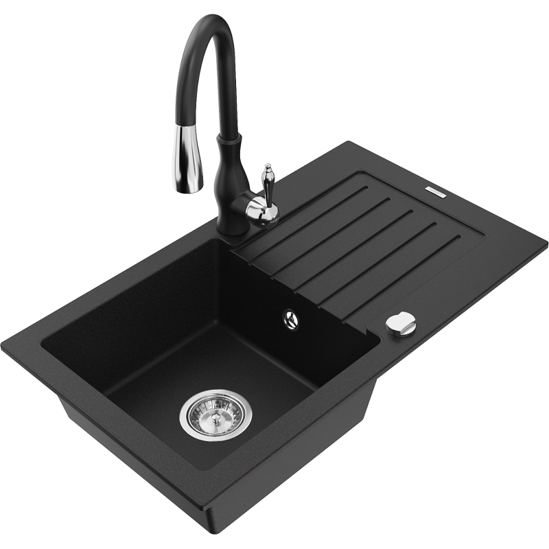 Mexen Pablo 1-compartment granite sink with a drip tray and kitchen mixer tap Savita, Black - 6510-77-672601-70