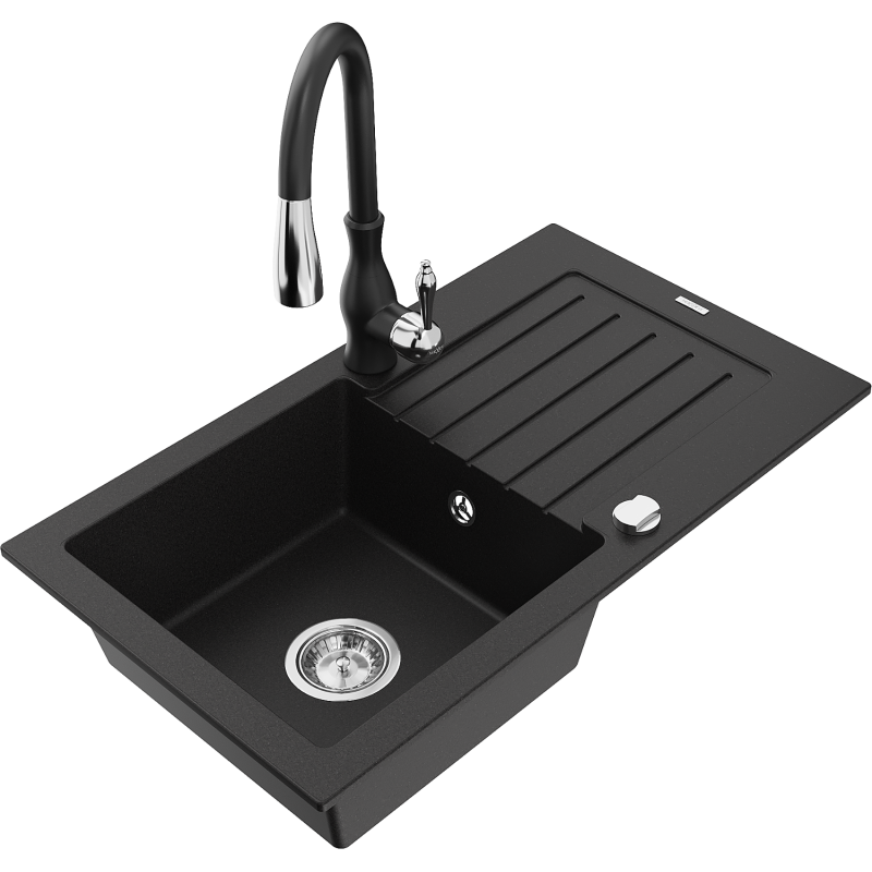 Mexen Pablo granite sink 1-bowl with drainer and Savita kitchen tap, black - 6510-77-672601-70