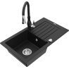 Mexen Pablo 1-bowl granite sink with drainer and Savita kitchen faucet, black - 6510-77-672601-70
