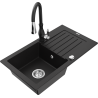 Mexen Pablo granite sink 1-bowl with drainer and Savita kitchen faucet, black - 6510-77-672601-70
