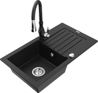 Mexen Pablo granite sink 1-bowl with drainer and Savita kitchen tap, black - 6510-77-672601-70
