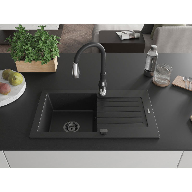 Mexen Pablo 1-bowl granite sink with drainer and Savita kitchen tap, black - 6510-77-672601-70-B