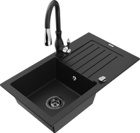 Mexen Pablo 1-bowl granite sink with drainer and Savita kitchen tap, black - 6510-77-672601-70-B