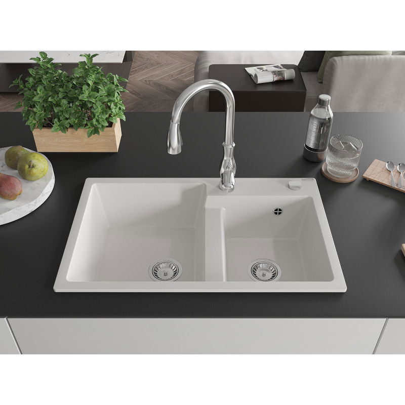 Mexen Tomas granite 2-bowl kitchen sink with Savita tap, white - 6516-20-672601-00