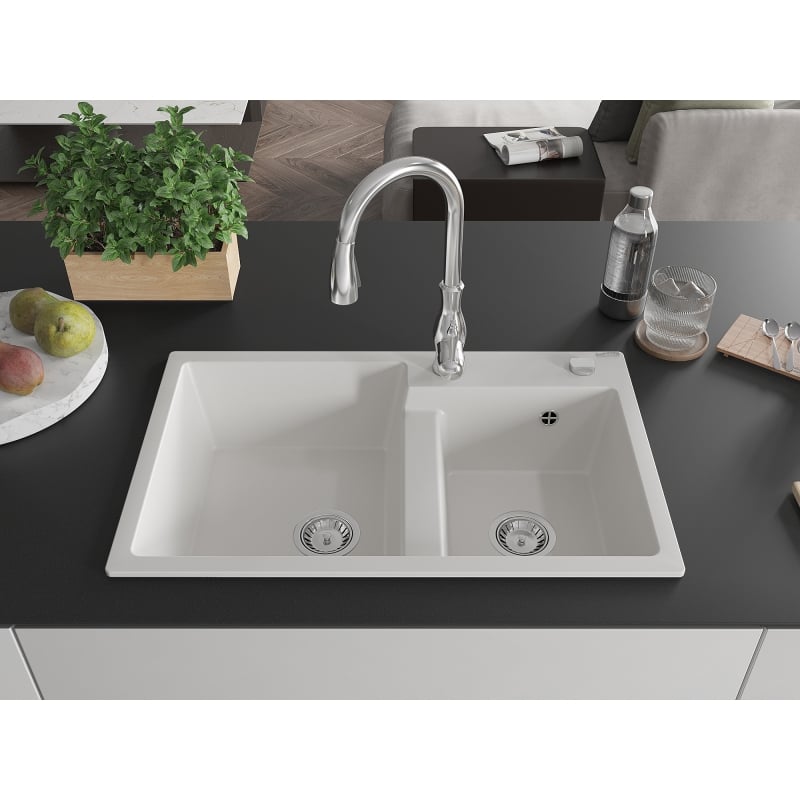 Mexen Tomas granite double-bowl kitchen sink with Savita faucet, white - 6516-20-672601-00