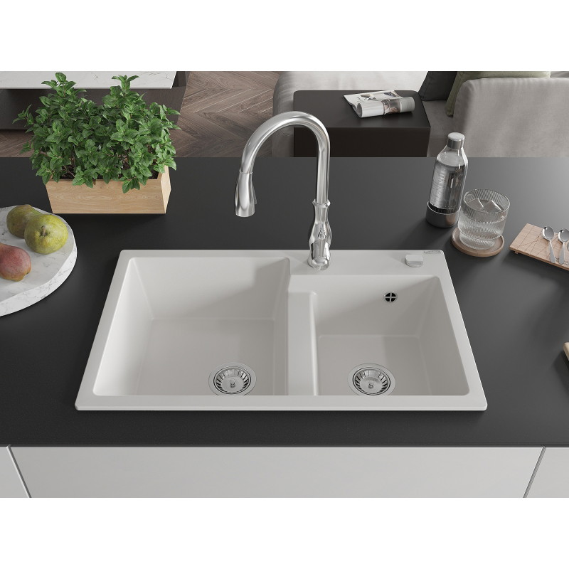 Mexen Tomas granite kitchen sink double bowl with Savita kitchen faucet, white - 6516-20-672601-00