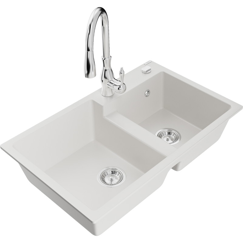 Mexen Tomas granite double-bowl kitchen sink with Savita faucet, white - 6516-20-672601-00