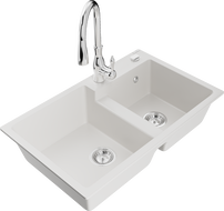 Mexen Tomas granite kitchen sink double bowl with Savita kitchen faucet, white - 6516-20-672601-00