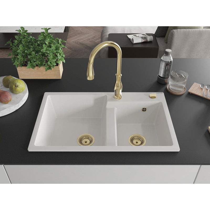 Mexen Tomas granite kitchen sink 2-bowl with Savita kitchen faucet, white - 6516-20-672601-50