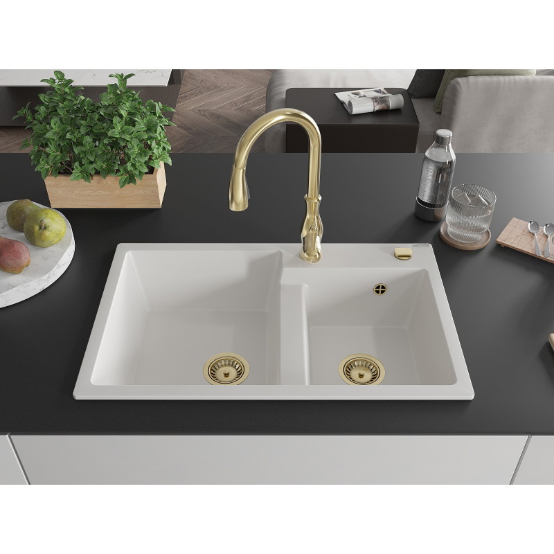 Mexen Tomas granite sink 2-bowl with Savita kitchen faucet, white - 6516-20-672601-50