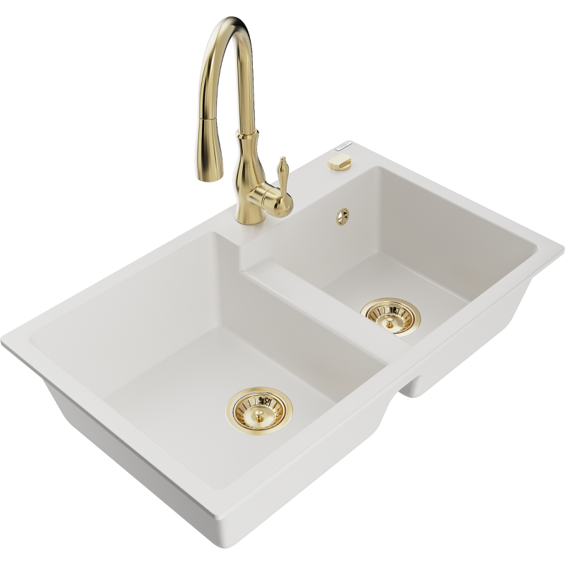Mexen Tomas 2-compartment granite sink with a kitchen mixer tap Savita, White - 6516-20-672601-50