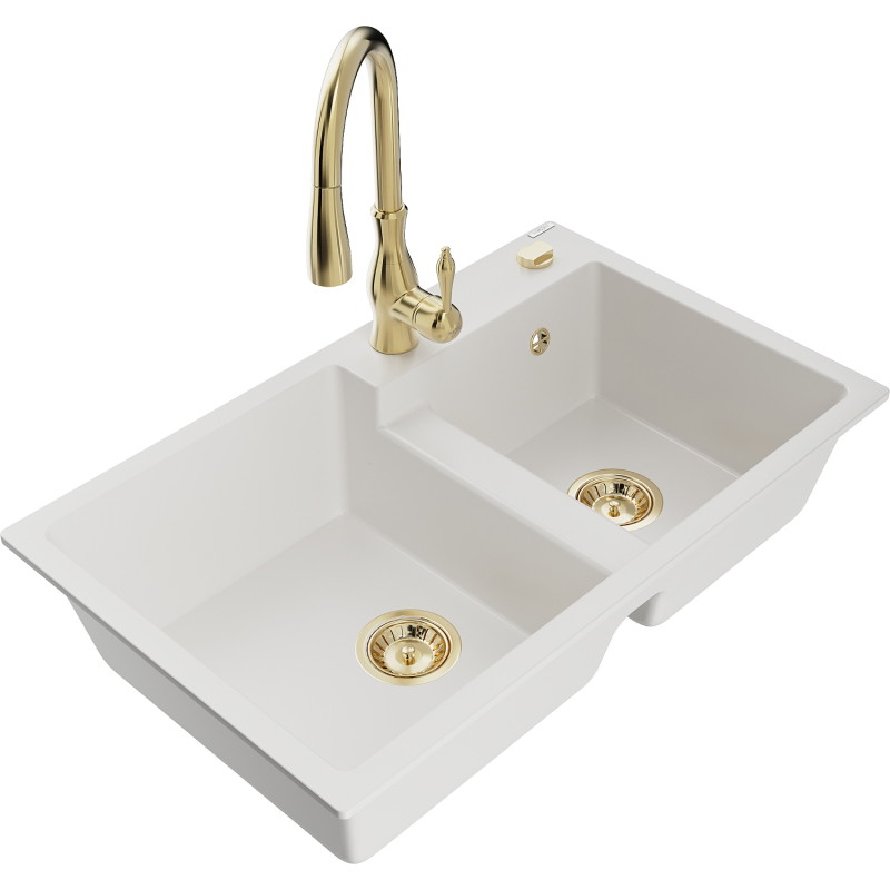 Mexen Tomas granite sink 2-bowl with Savita kitchen faucet, white - 6516-20-672601-50