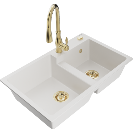 Mexen Tomas granite sink 2-bowl with Savita kitchen faucet, white - 6516-20-672601-50