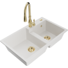 Mexen Tomas granite sink 2-bowl with Savita kitchen faucet, white - 6516-20-672601-50