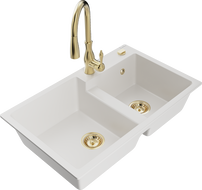 Mexen Tomas 2-compartment granite sink with a kitchen mixer tap Savita, White - 6516-20-672601-50