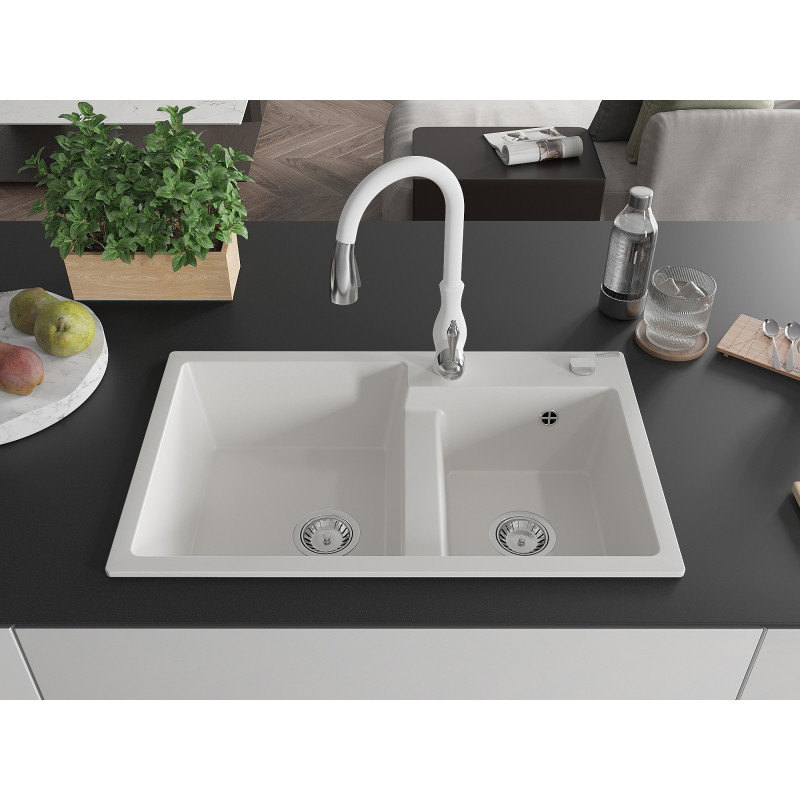 Mexen Tomas granite double-bowl sink with Savita kitchen faucet, white - 6516-20-672601-20