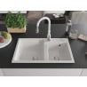 Mexen Tomas granite double-bowl sink with Savita kitchen faucet, white - 6516-20-672601-20