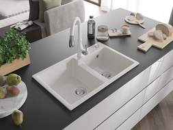 Mexen Tomas 2-compartment granite sink with a kitchen mixer tap Savita, White - 6516-20-672601-20