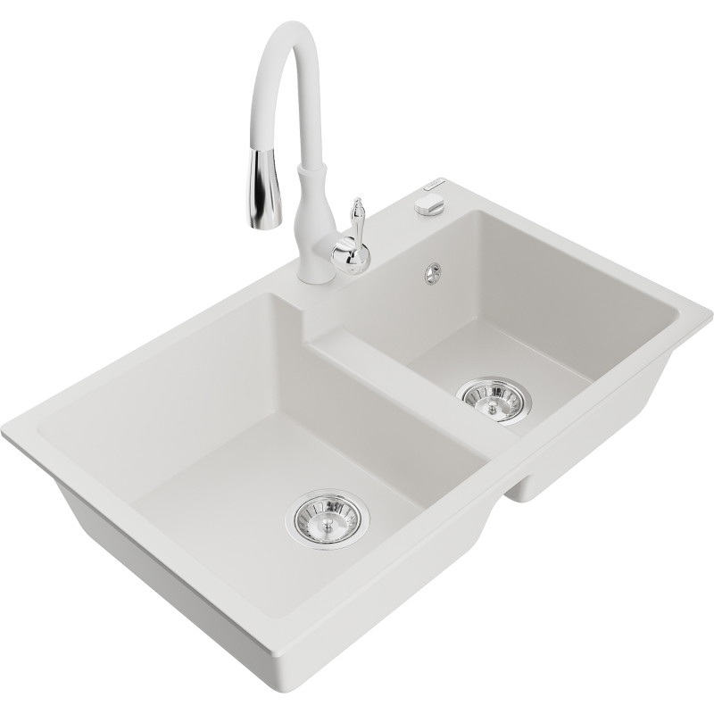 Mexen Tomas granite double-bowl sink with Savita kitchen faucet, white - 6516-20-672601-20