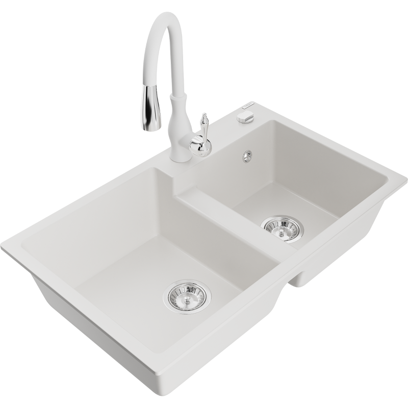 Mexen Tomas granite kitchen sink 2-bowl with Savita kitchen tap, white - 6516-20-672601-20
