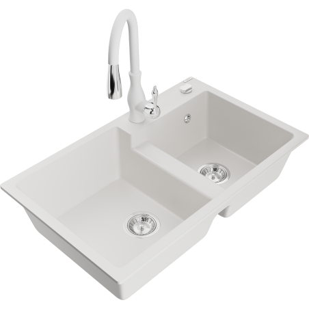 Mexen Tomas 2-bowl granite sink with Savita kitchen faucet, white - 6516-20-672601-20