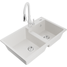 Mexen Tomas granite double-bowl sink with Savita kitchen faucet, white - 6516-20-672601-20