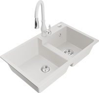 Mexen Tomas 2-bowl granite sink with Savita kitchen faucet, white - 6516-20-672601-20