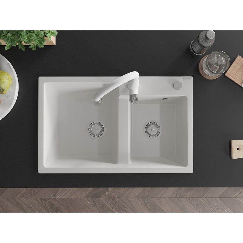 Mexen Tomas granite double-bowl sink with Savita kitchen faucet, white - 6516-20-672601-20