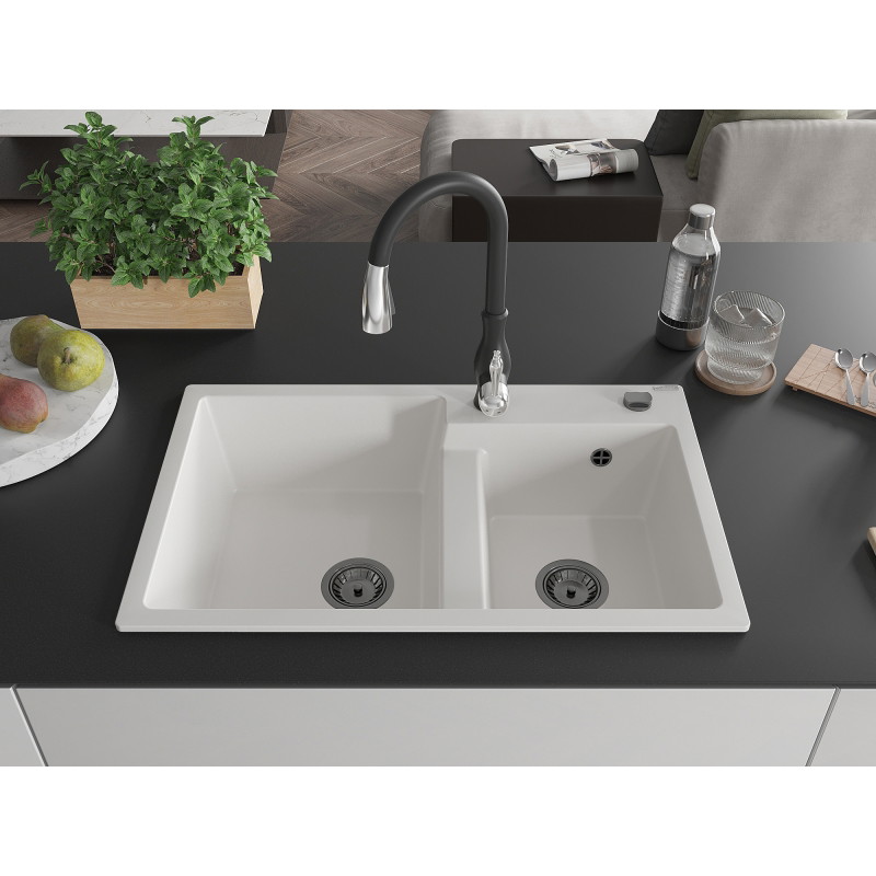 Mexen Tomas 2-bowl granite sink with Savita kitchen faucet, white - 6516-20-672601-70
