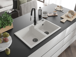 Mexen Tomas 2-bowl granite kitchen sink with Savita faucet, white - 6516-20-672601-70