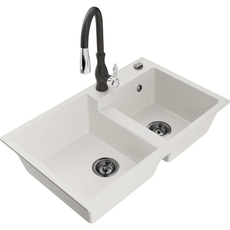 Mexen Tomas 2-bowl granite kitchen sink with Savita faucet, white - 6516-20-672601-70